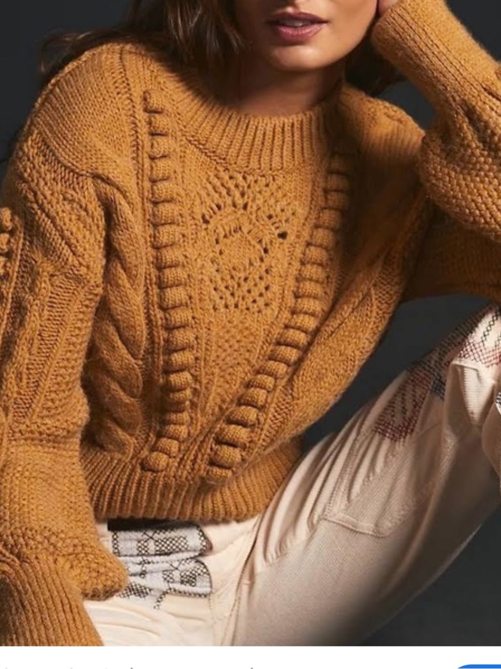Anthropologie Women's Chunky Cropped Cable-Knit Bobble Balloon Sleeve Sweater